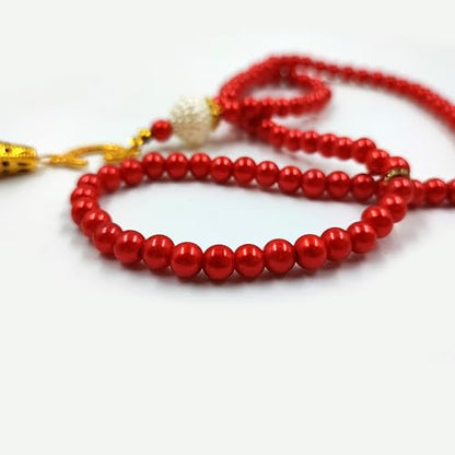 BAYKUL Muslim Prayer Beads 99, Islamic Rosary with Silver Allah Muhammad Engraved Tasbih, Zikr Namaz Worship Ramadan Tesbih Bracelet - color: Red Pearl