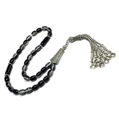 Transparent Crackle Black Glass Worry Beads, Prayer Beads, Tesbih, Tasbih, Tasbeeh, Rosary, Misbaha, Masbaha, Subha, Sebha (8x6mm-33 Beads) - color: Transparent Crackle Black Glass -8x6mm-33 Beads