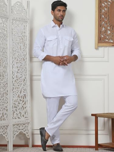 Maple Clothing Punjabi Kurta Pajama Set Pathani Mens Cotton Indian Clothes Bollywood Outfit - color: White, size: 3X-Large