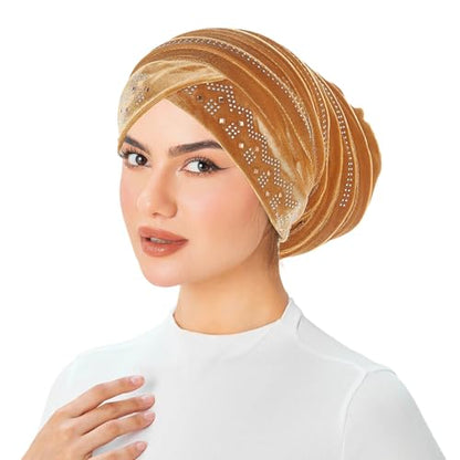Rhinestone Hijab Turban Hats for Women Beanies Bandana Headwrap Cap Beanies Headwear Headscarf Undercap Turban Hat - color: Gold