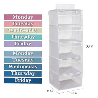Three Sweet Peas Co Monday through Friday Hanging Weekly Clothes Organizer for Kids