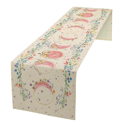 Floral Moon Phase Table Runner, Pink Watercolor Spring Flowers Vintage Boho Wildflower Table Runner for Dining Holiday Party Wedding Outdoor 13x36in - color: Moon-2, size: W13''xL36''
