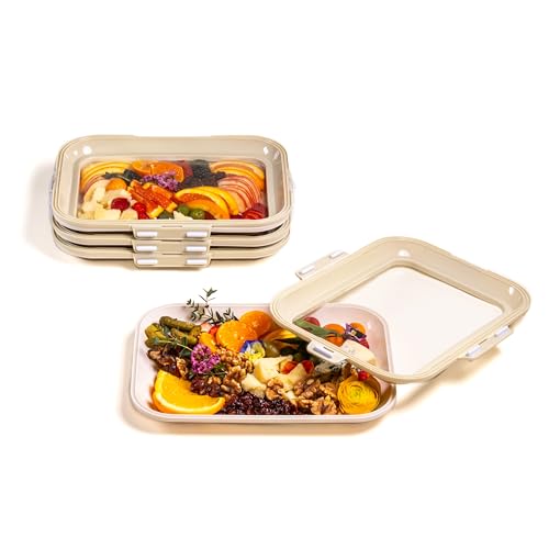 Crudités | Portable Snack Tray | Rectangle 4-Pack | Cream White | Reversible Stretch Lid Food Containers | BPA-Free, Freezer & Dishwasher Safe | Meal-Prep, Charcuterie, Salads, Picnic, Travel - size: Rectangular, 4 Pack, Cream White