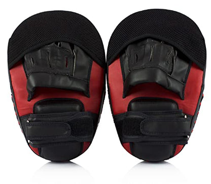 Fairtex FMV13 Maximized Focus Mitts, Muay Thai Kickboxing MMA Punching Pads | Premium Syntek leather shell with multi-layer foam. Curved shape with hook-and-loop wrist strap absorbs trainer strike impact - color: Red/Black