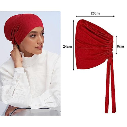 PHOGARY 4 Pcs Women Hijab Undercap, Islamic Muslim Under Hijab Cap Inner Under Scarf Hat Turban with Tie Back Closure - color: Wine, Camel, Khaki, Light Khaki