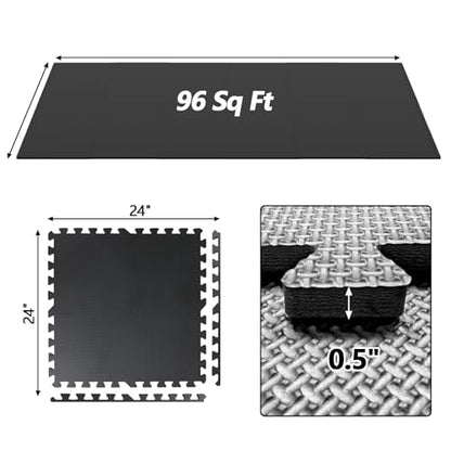 1/2 inch Thicked Gym Floor Mats (20 Sq Ft), 20 Tiles 12.6X12.6in High Density EVA Foam Gym Flooring for Home Gym, Weightlifting, Kids Play Area, Non-Slip, Free Splicing. - size: 96 Sq Ft(24 Tiles)