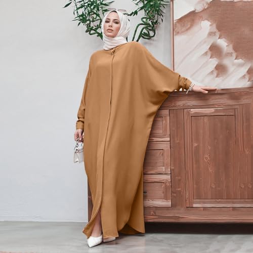FYMNSI Abayas for Women Muslim Dress Modest Maxi Robe Abaya Kaftan Dresses Eid Prayer Clothes Arabian Islamic Dubai Outfit - color: Light Brown