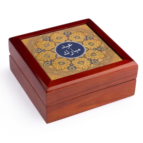 3dRose Eid Mubarak in Arabic calligraphy - Happy Eid - Islam Muslim holiday Jewelry Box 7 x 7 inch with 4 inch tile