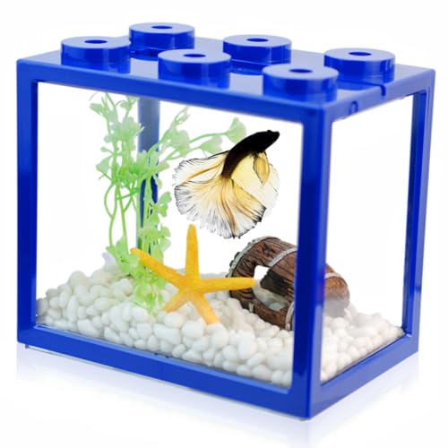 Small Betta Fish Tank, Stackable Mini Fish Tank Tiny Aquarium Tank Kit with Aquarium Gravel & Resin Decorations, 0.6 Gallon Cube Desktop Fishbowl for Snails, Crabs, Starfish (Blue) - color: Blue