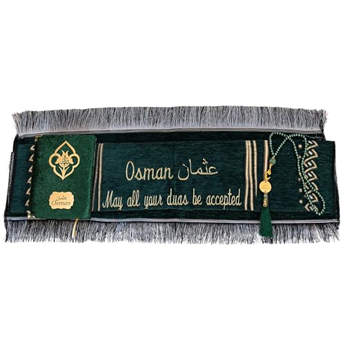 IEF Personalized Embroidered Prayer Rug Prayer Beads Yaseen Dua Book Quran Islamic Gift Set Ramadan Eid Hajj Umrah Wedding Birthday Mother's Day Father's Day Valentine's Day Gifts (Green) - color: Green