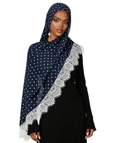 JUMISEE Elegant Floral Lace Hijab Scarf for Women Soft Cotton Head Wrap Instant Hijab Long Scarves Evening Dress Shawl - color: Navy Blue Polka Dot