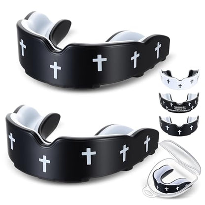 Yaomiao 2 Pcs Mouth Guards Christian Teeth Guards Sport Game Guard & Case Religious MouthGuard Soccer Football Basketball Baseball Wrestling Lacrosse Rugby Boxing Taekwondo - size: Youth, style: Black & Cross