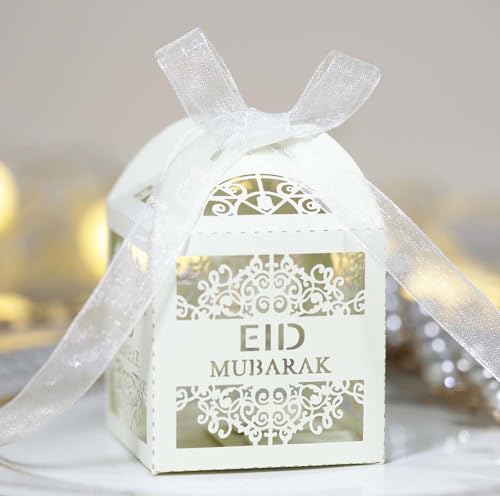 Steedna 50 Pack Square Chocolate Gift Box Hollow Out EID Wedding Party Favors Laser Cut Candy Boxes MUBARAK Party Favors Chocolate Box Ideal for Weddings, Birthdays & Anniversaries (Ivory) - color: Ivory
