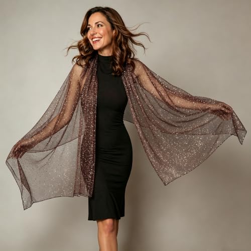 Sequin Scarf for Women Lightweight Mesh Shawl Wrap Bandana Hijab Headscarf for Summer Evening Dress - color: Coffee