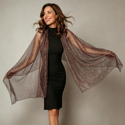 Sequin Scarf for Women Lightweight Mesh Shawl Wrap Bandana Hijab Headscarf for Summer Evening Dress - color: Coffee