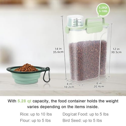 5 Lbs Pet Dog Food Storage Container for Travel Bird Seed Dispenser - Green | Portable Cat Food Containers with Collapsible Bowl 10 Lbs Rice Bin Airtight Cereal Oatmeal Flour Holder with Large Pour Spout - color: Pale Green-5L
