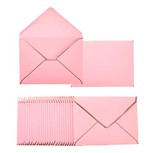 50 Pack A7 Envelopes Pink 5 x 7 with Gold Border | Self-Adhesive, V Flap, For Wedding, Graduation, Baby Shower, Parties, Invitations - color: Pink/Rose Gold, size: A7 (5.32x7.28)