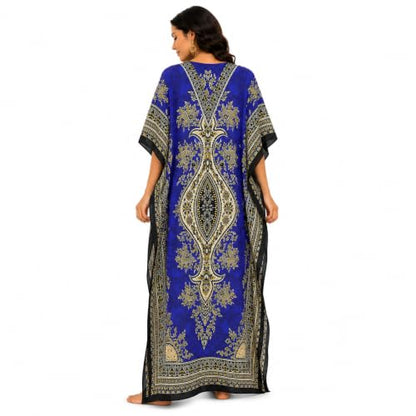 Art Of Creation Kaftan 드레스 기모노 맥시 스타일 캐주얼 드레스 여성용 브이넥 7부 소매 탑 프린트 프리 사이즈 - color: 블루., size: L
