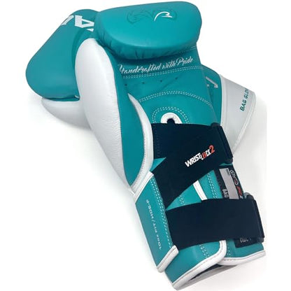 RIVAL Boxing RFX-Guerrero-V Bag Gloves, Multi-Layered Inner Foam Padding (HDEF), Premium Leather, Wrist Lock 2 System - color: Teal/White, size: 8 oz.