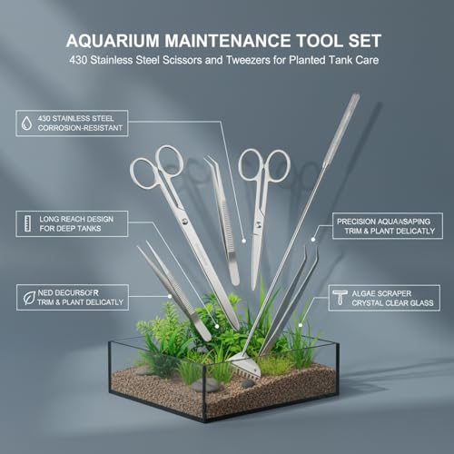 Aquarium Maintenance Tool Set - 430 Stainless Steel Long Reach Scissors, Tweezers & Sand Shovel for Fish Tanks - size: 18.11 x 1.18 x 0.79 in