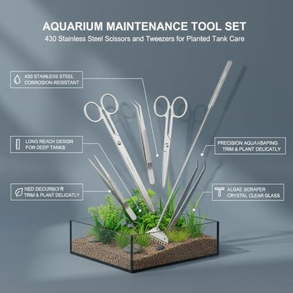 Aquarium Maintenance Tool Set - 430 Stainless Steel Long Reach Scissors, Tweezers & Sand Shovel for Fish Tanks - size: 18.11 x 1.18 x 0.79 in