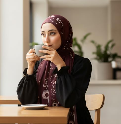 Hijab Modest and Elegant | Beautifully Designed Printed Chiffon Patterns | Muslim Women Head Scarf and Veil - color: Red M