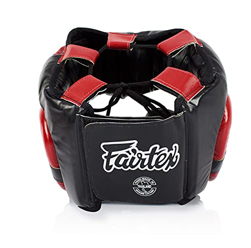 Fairtex Full Head Guard, Muay Thai MMA Sparring Helmet Protective Headgear | Handcrafted 3-layer padding shell. Lightweight sleek construction shields against elbows during high-intensity ring session - color: HG13 Black/Red Lace-up, size: Large