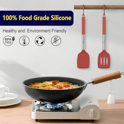 HOTEC Silicone Spatula Set of 2 Heat-Resistant 600°F & BPA-Free Kitchen SaptulaTurner with Stainless Steel Handles, Slotted & Solid Spatulas for Nonstick Cookware, 13.7 Inch, Red - color: Red