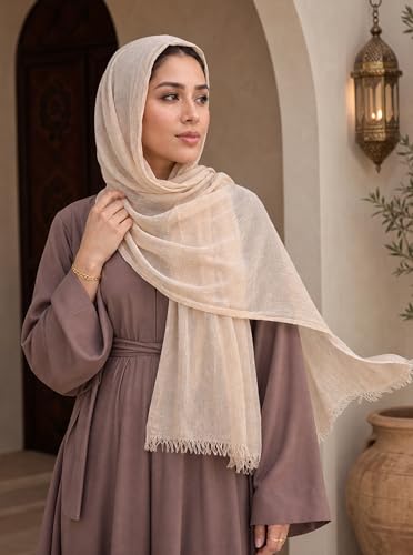 Cotton Linen Plain Hijab Scarf For Women,Muslim Viscose Crinkle Edge With Fringe,Summer Beach Wrap Headwraps Shawl - color: 21#beige