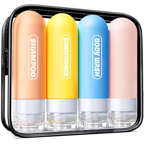 Silicone Travel Bottles for Toiletries with Labels, 3oz TSA Approved Squeezable Travel Size Containers, Leak Proof Travel Shampoo and Conditioner Bottles with Toiletry Bag (4 Pack, Light Color) - color: light color 4
