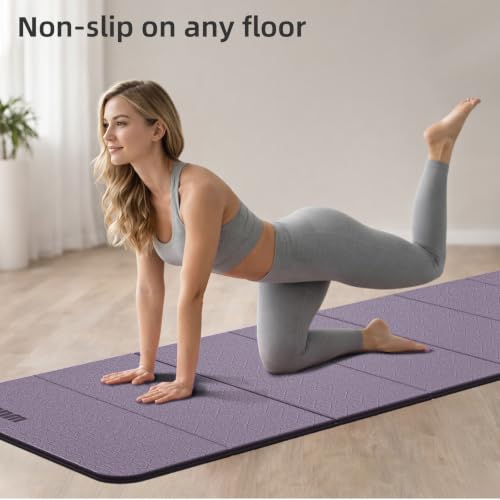 Yoga Mat Thick 10mm, Foldable Yoga Mat 75 x 26 x 0.4 Inches | Portable Workout Mat | Thick Cushioning Surface | Home Gym Exercise Mat | Pilates & Yoga Training - color: Purple