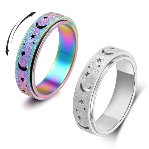 OreilleStar Anxiety Spinner Ring for Women - Fidget Toy for Adults - Stainless Steel Silver Rainbow Size 7 Moon Star Band - size: Size 7, style: Moon Star-2pcs