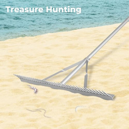 Goplus Landscape Rake 36 Inch, Aluminum Sand Rake w/36 Tines and 68" Long Non-Slip Handle, Beach Rake, Yard Rake Tool for Loosening & Leveling Soil, Garden Lawn Care, Collecting Leaves