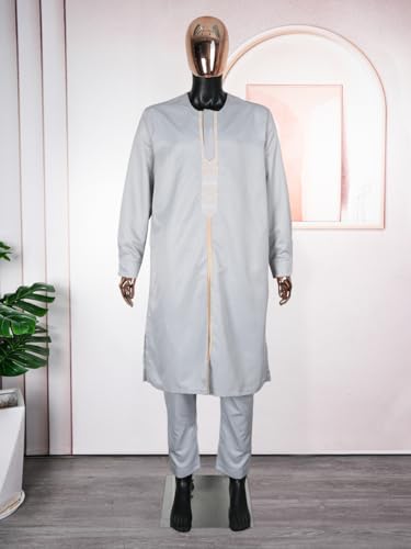 HD African Clothing Long Kaftan Clothes Sets Embroidery Dashiki Outfit for Man - color: Grey10398, size: 3X-Large
