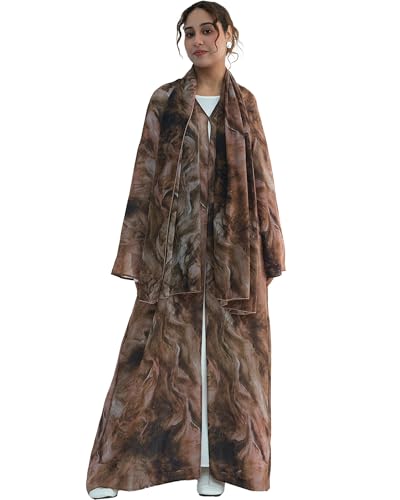 Modest Cardigan Set Women Muslim Dress with Soft Hijab Scarf Islamic Outfits Open Abaya For Eid, Ramadan, Umrah, Hajj - color: Coffee, size: S(52)