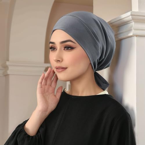 Instant Hijab Scarf Tie-Back Closure Cap Islamic Muslim Head Scarf Turban for Women - color: Dark Grey(1piece)