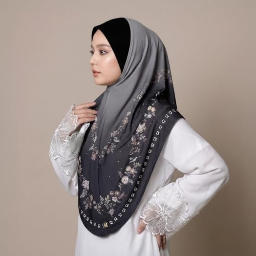 Instant Hijab For Women Ready To Wear Printed Floral Ombre Hijabs Islamic Abaya Turban Muslim Slip-On Khimar Hijab - color: 3# Ink Grey