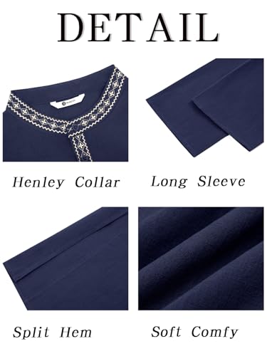 Runcati Mens Cotton Kaftan Robe Long Sleeve Button Down Henley Shirts Thobe Casual Side Split Gown Shirt - color: Navy, size: Large