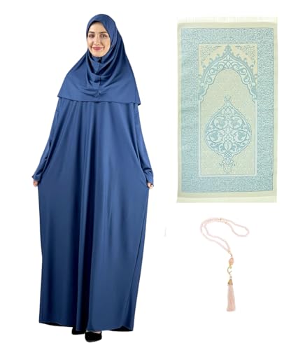 Prien Women Prayer Dress With Hijab Rug Tasbih Muslim Set Islamic Clothes Abaya Jilbab Dubai Kaftan For Eid Ramadan - color: Indigo