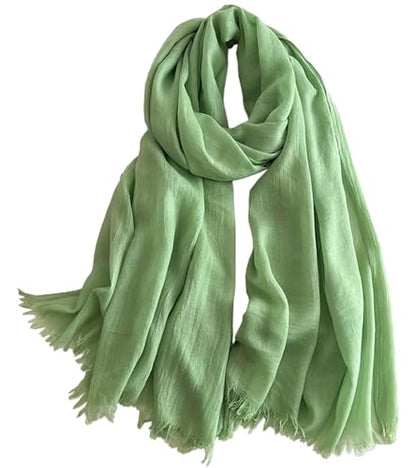 Solid color cotton and linen scarf, wrinkled all season versatile long sunscreen fashionable shawl - color: Light Emerald Green