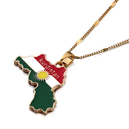 Kurdistan Gold Enamel Pendant Necklace Flag Region Map Kurdish Large Chain Jewelry