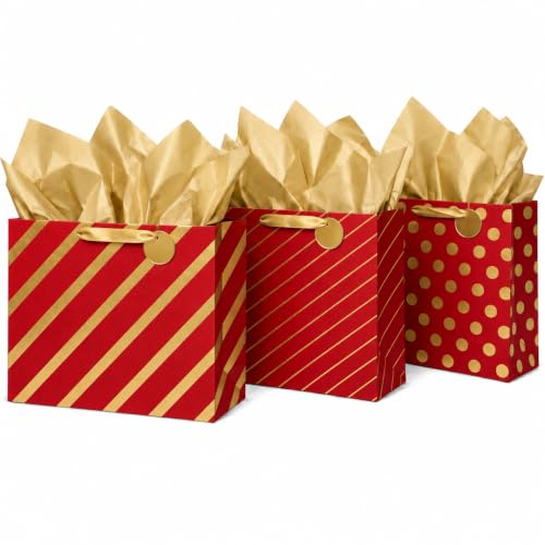 MilkToast Brands Large Gift Bags Set of 3 – Colored & Gold Designs (Polka Dot & Stripes) with Tissue Paper & Blank Gift Tags – Premium Gift Wrapping Bags for Birthdays, Holidays & More (Red) - color: Large Red & Gold