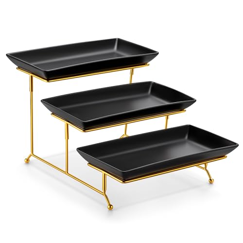 MALACASA 3 Tier Serving Trays for Party, 12 Inch Porcelain Black Trays for Serving Food, Dessert Stand with Collapsible Gold Metal Rack - color: Black Gold, size: 12 Inch
