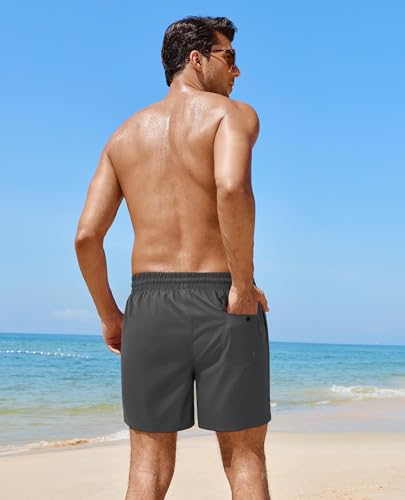 Gleeease 5 Inch Mens Swim Trunks with Compression Liner Men's Bathing Suit | Mens Swim Shorts 4 Pockets Quick Dry 2 in 1 Water Resistant Solid Stretch Breathable Surfing Beach Elastic Waistband Swimsuit - color: Dark Grey, size: 3X-Large
