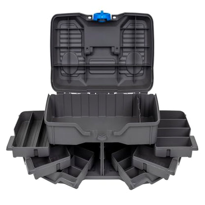 Flambeau Outdoors 660NGAK Next Gen 6/0 Large Fishing Tackle Box - 6 Pivot Trays, 32 Compartments, Includes 25-piece Tackle Kit, Fishing Tackle and Gear Storage, Fishing Lure Organizer, Dark Gray