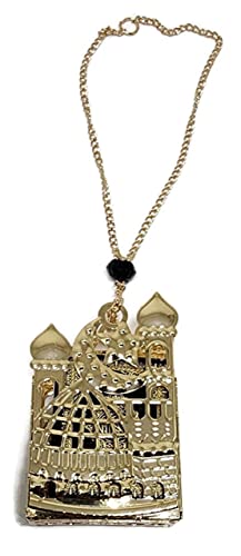 Islam Car Rear Mirror Hanging Decorative Ornament Vehicle Decor AMN-356 Mini Al-Quran in Metal Cage Masjid Mosque Design Pendant Ramadan Eid Muslim Gift (Gold/Black) - color: Gold/Black