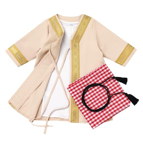 Muslim Clothes for Baby Boy Arabian Robe Plaid Turban Scarf Eid Ramadan Dubai Attire Infant Abaya Saudi Kaftan Kurta - color: Beige, size: 0-3 Months