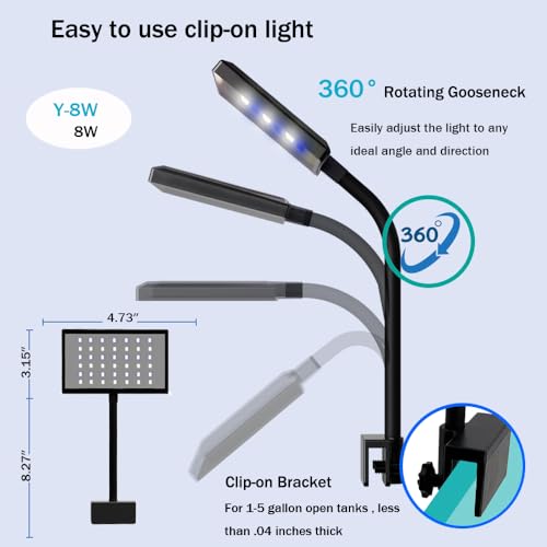 Clip-on Aquarium Light 8w (3 Timers, 3 Modes, 10 Dimming, Split Power) for Coral, Reef, Saltwater Fish, Algae Scrubber Nano/Mini/Pico/Refugium Tank,1-10Gallon(5-12in) Aquarium - size: M-8w