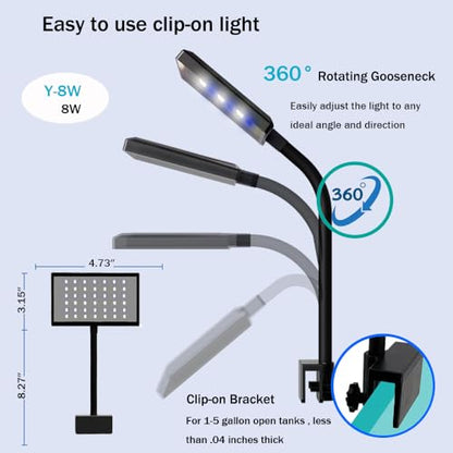 Clip-on Aquarium Light 8w (3 Timers, 3 Modes, 10 Dimming, Split Power) for Coral, Reef, Saltwater Fish, Algae Scrubber Nano/Mini/Pico/Refugium Tank,1-10Gallon(5-12in) Aquarium - size: M-8w