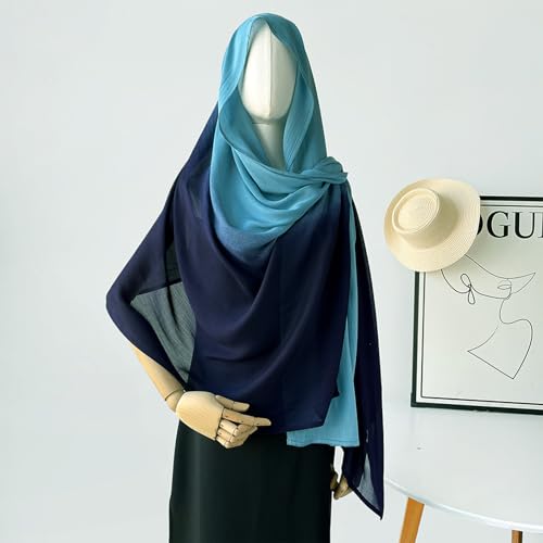 Premium Ombre Viscose Hijab Scarf for Women Muslim Lightweight Gradient Color Shade Hair Wraps Long Hijabs Scarves - color: Blue